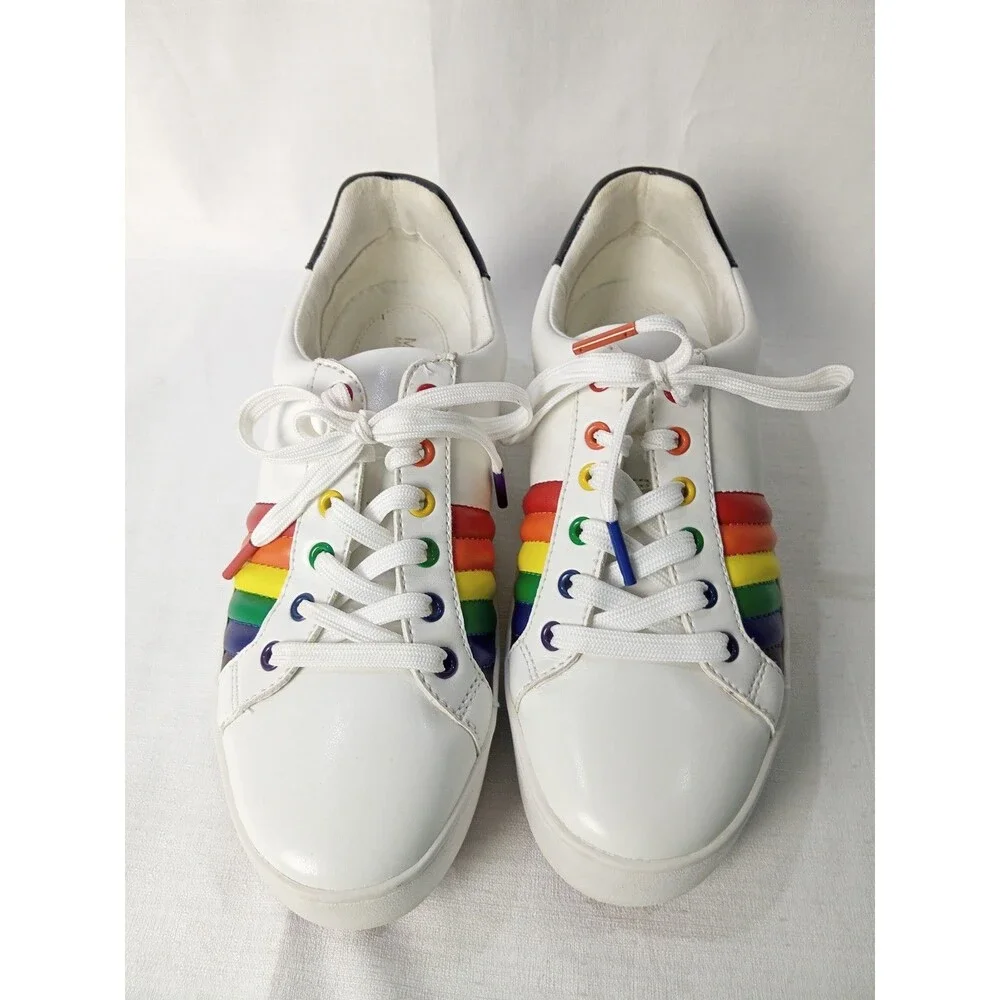 Michael Kors Poppy Lace Up Rainbow Sneakers White Pride Leather Size 7.5M